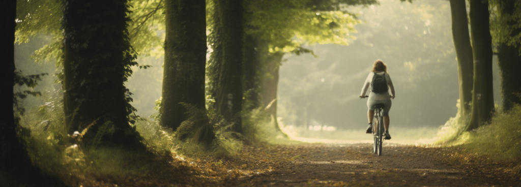 Femme à vélo sur un chemin dans une forêt, idéale pour des balades en famille ou entre amis en Normandie.