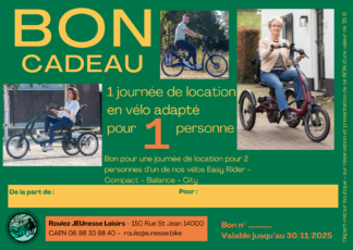 Bon cadeau pour une journée de location de vélo adapté à Roulez JEUnesse Loisirs en Normandie.