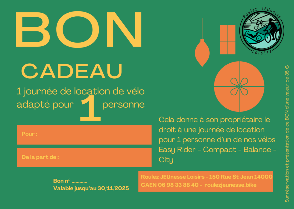 Bon cadeau pour une journée de location de vélo à Roulez JEUnesse Loisirs en Normandie, valable jusqu'au 30/11/2025.