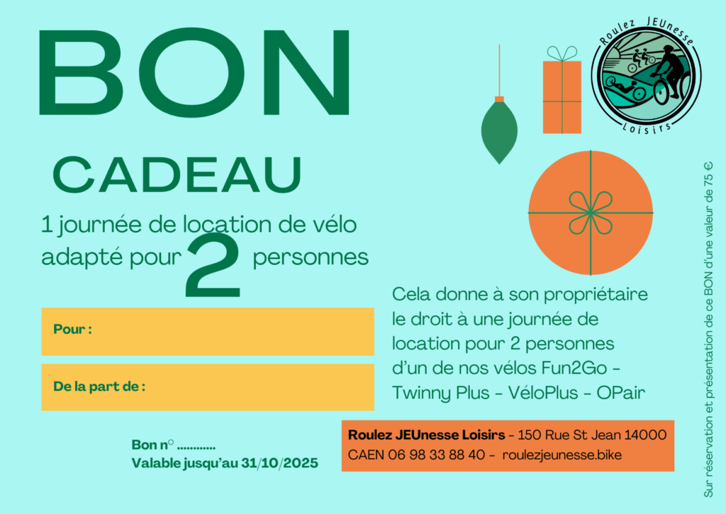 Bon cadeau pour une journée de location de vélo pour 2 personnes chez Roulez JEUnesse Loisirs en Normandie.