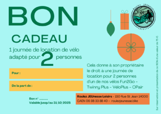 Bon cadeau pour une journée de location de vélo pour 2 personnes chez Roulez JEUnesse Loisirs en Normandie.