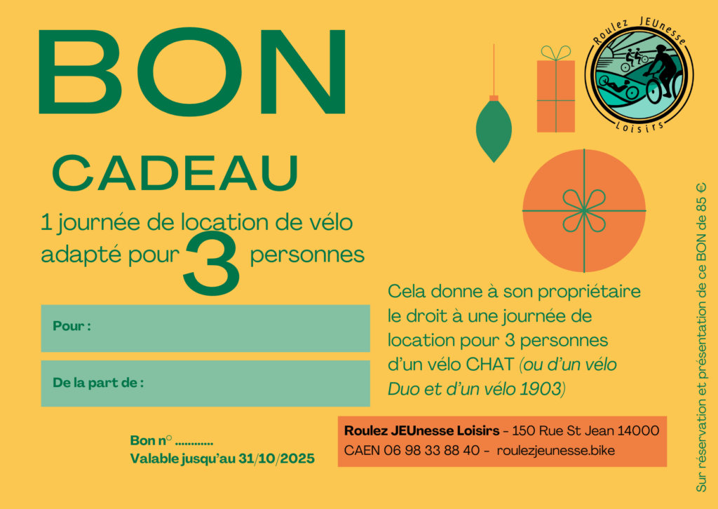 Bon cadeau pour une journée de location de vélo adapté pour 3 personnes, valable jusqu'au 31/10/2025 chez Roulez JEUnesse Loisirs.