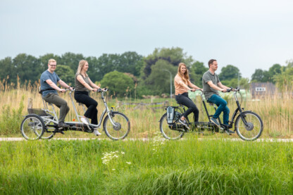 Groupe de quatre personnes profitant d'une balade à vélo en pleine nature.