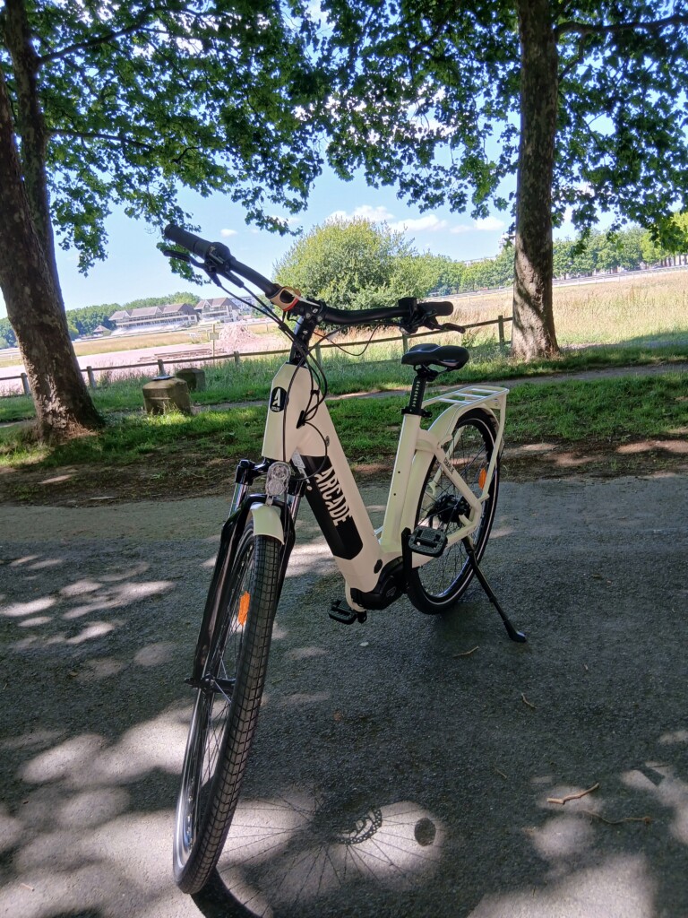 Vélo blanc stationné sur une route en Normandie, entouré d'arbres, prêt pour des balades en famille ou entre amis.