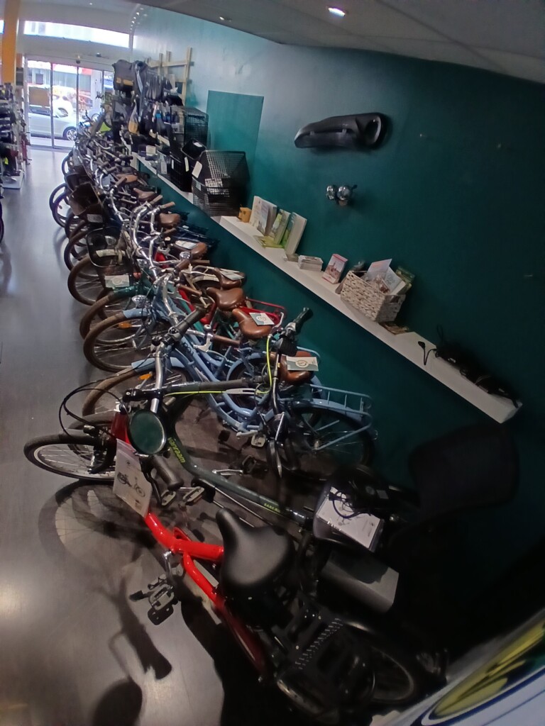 Vélos en location pour balades en famille ou entre amis, exposés dans un magasin en Normandie.