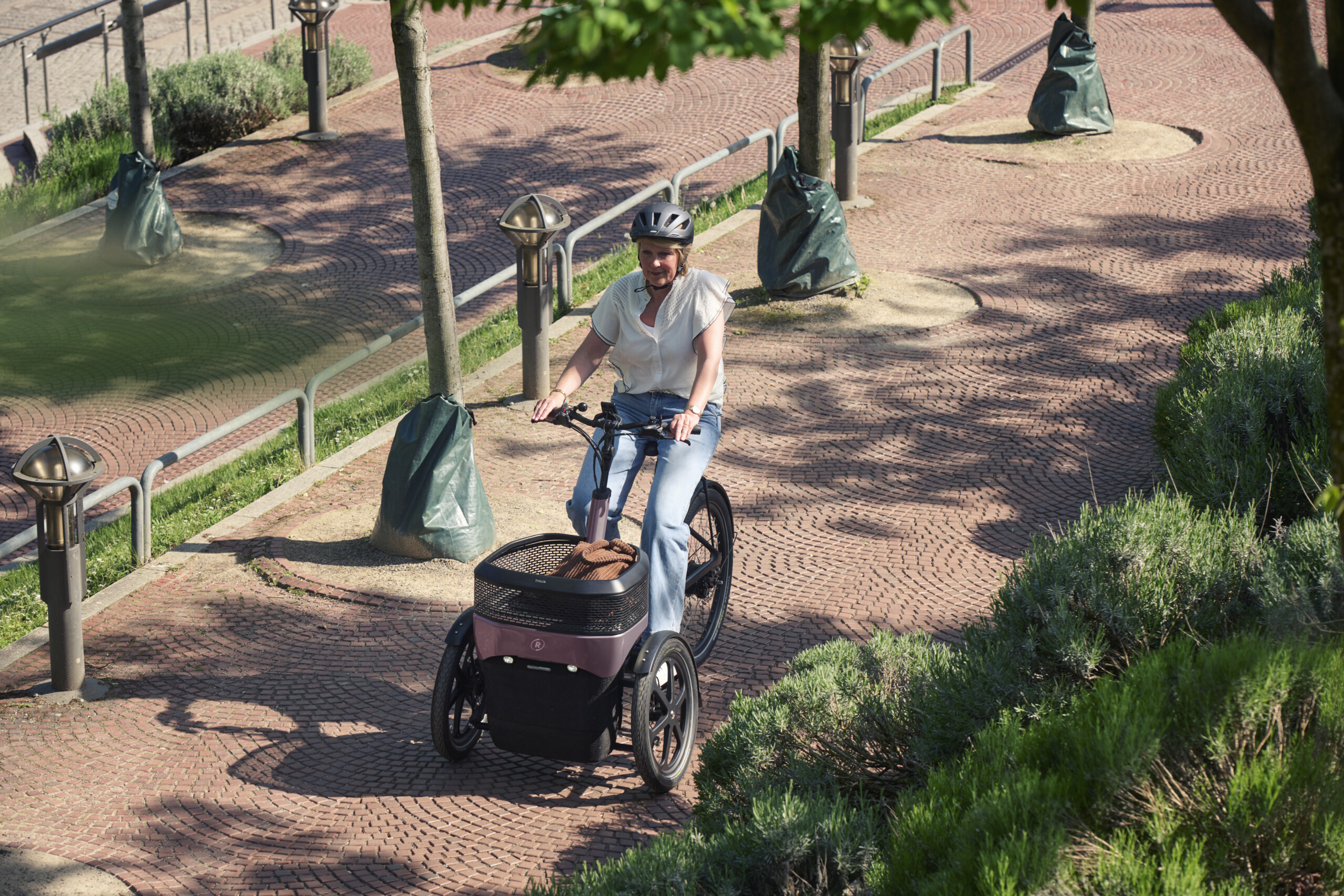 Femme à vélo cargo sur un sentier ensoleillé, entourée de verdure et de lampadaires.