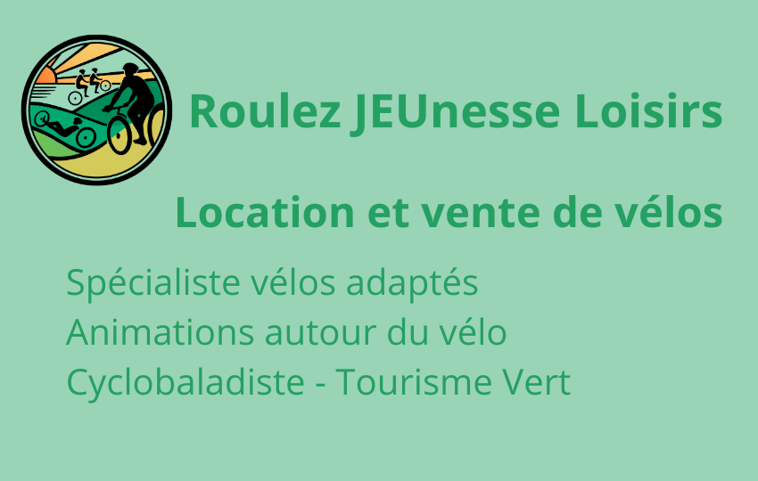 Logo et texte de Roulez JEUnesse Loisirs, spécialisé dans la location de vélos adaptés en Normandie.